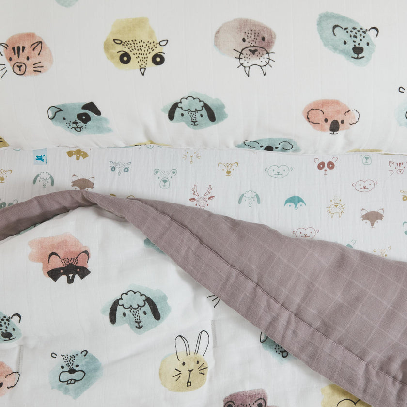 Cotton Muslin Toddler Bedding 3 Piece Set - Watercolor Critters