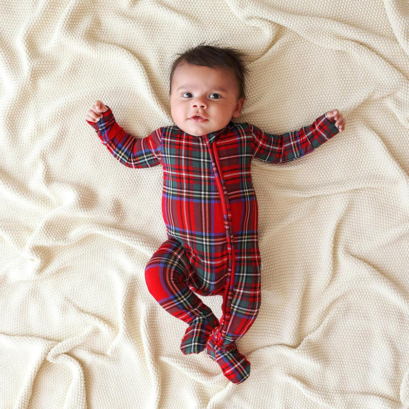Red Tartan Plaid Footie Zippered One Piece