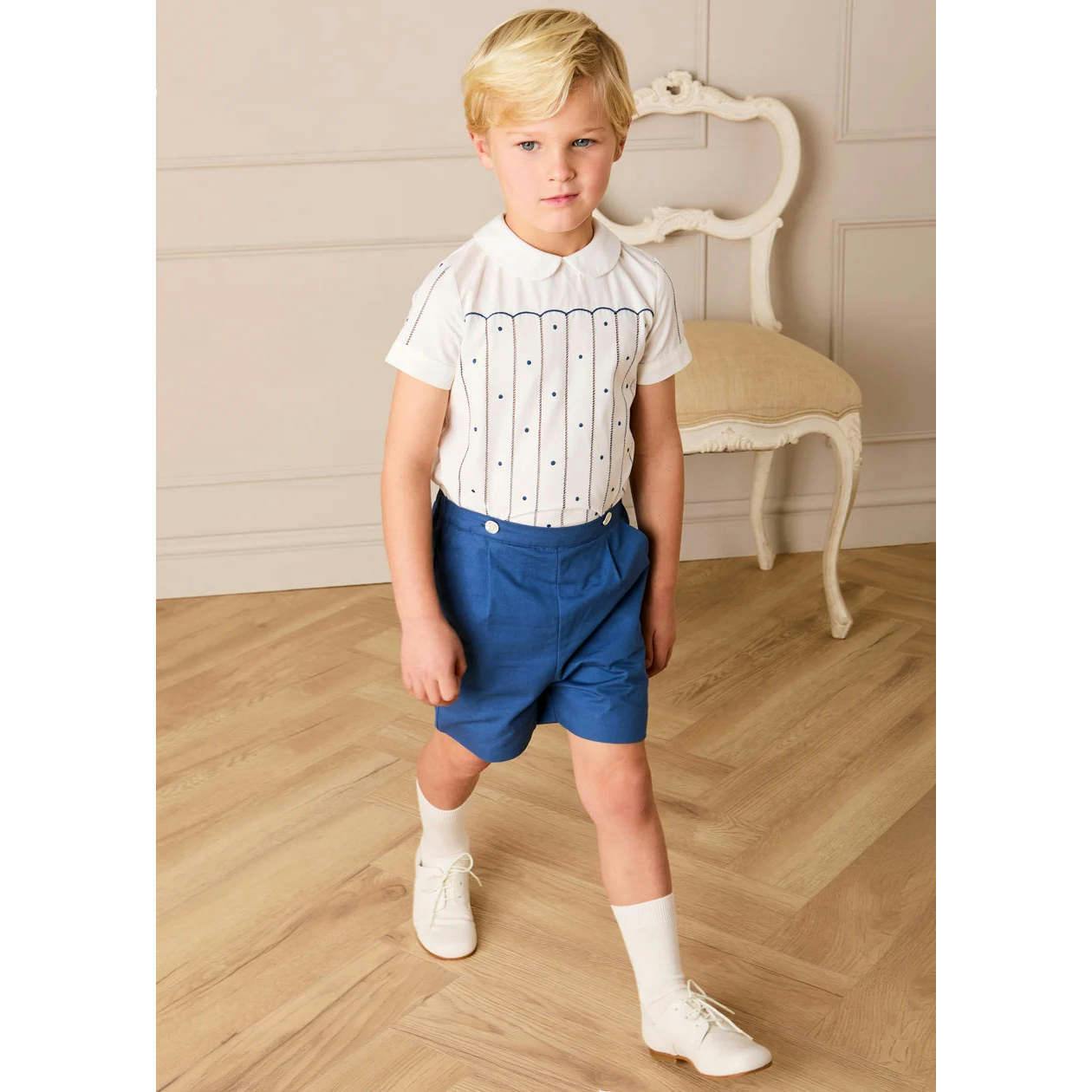 The Matthew Hand Embroidered Openwork Two Piece Set in Navy (18mths-6yrs)