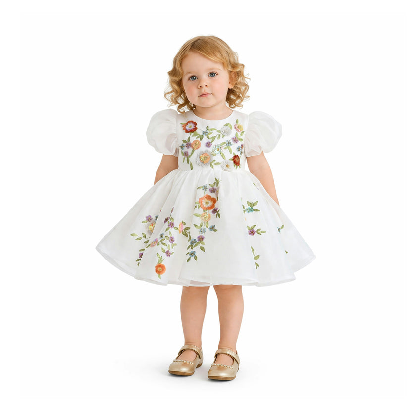 White Embroidered Puff Sleeve Dress
