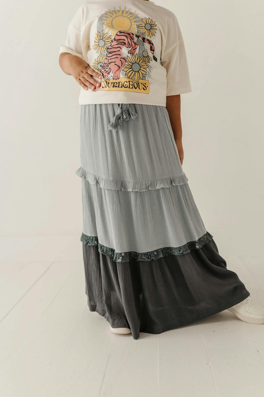 Girls Border Tiered Ruffle Skirt in Grayish Blue