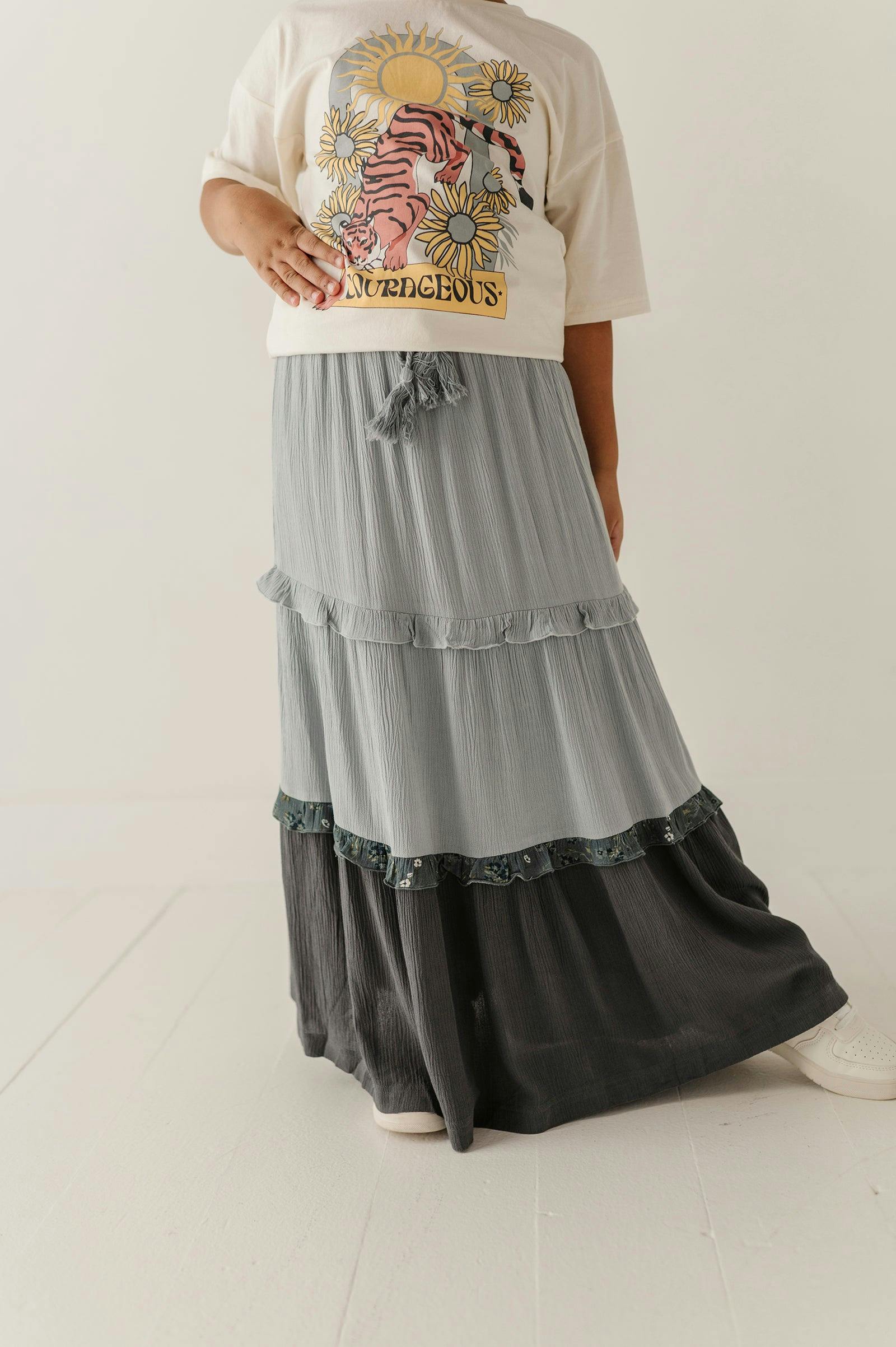 Girls Border Tiered Ruffle Skirt in Grayish Blue