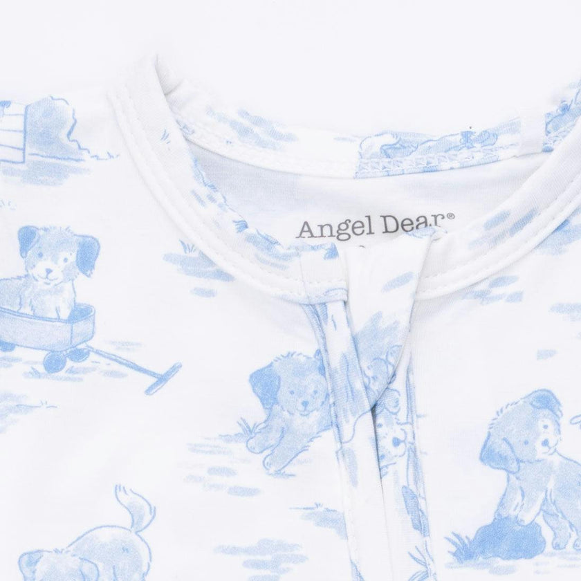 Puppy Toile Blue - 2 Way Zipper Footie & Swaddle Blanket Set