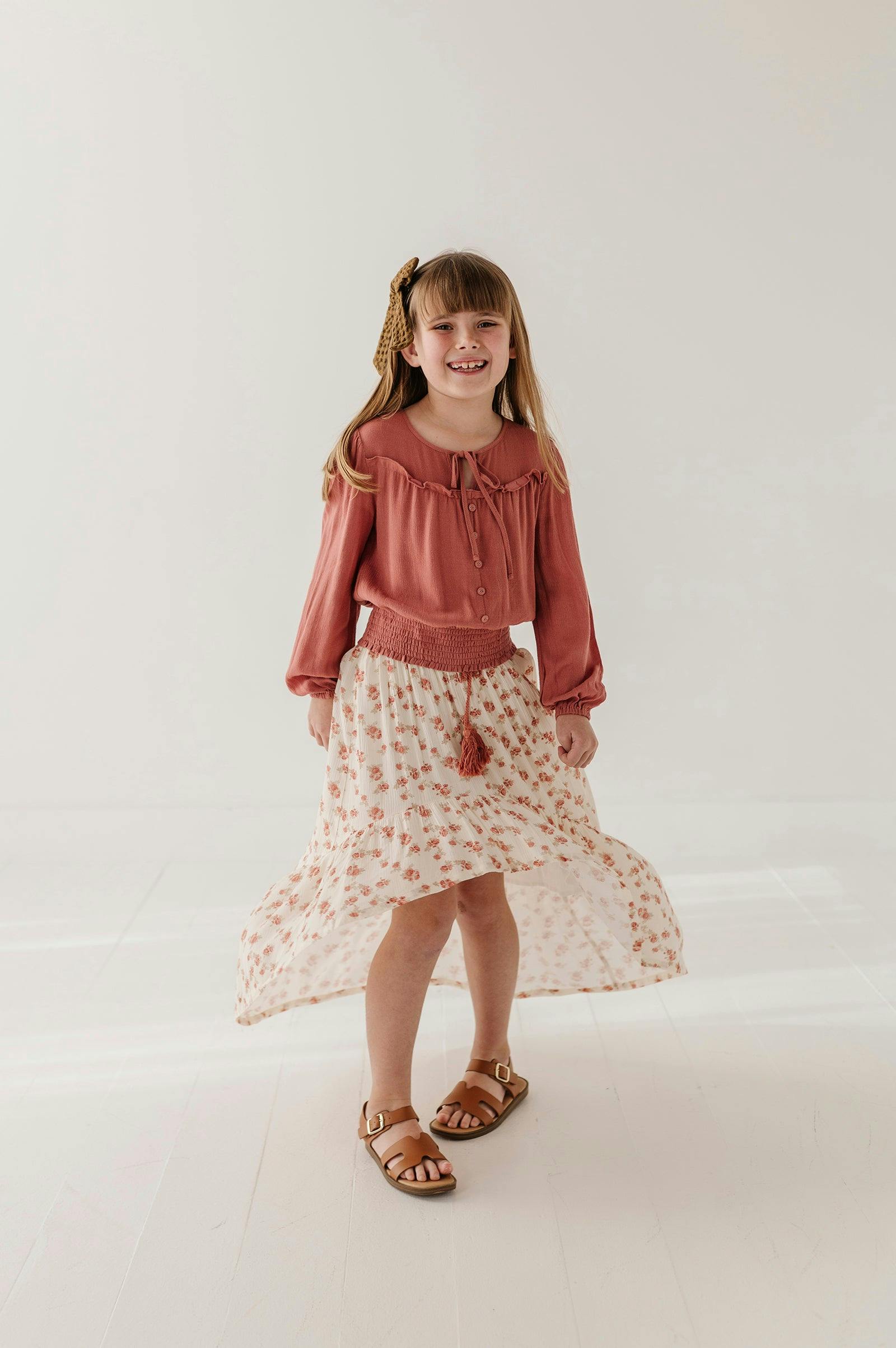 Girls Slit Front Midi Skirt in Rosie Floral