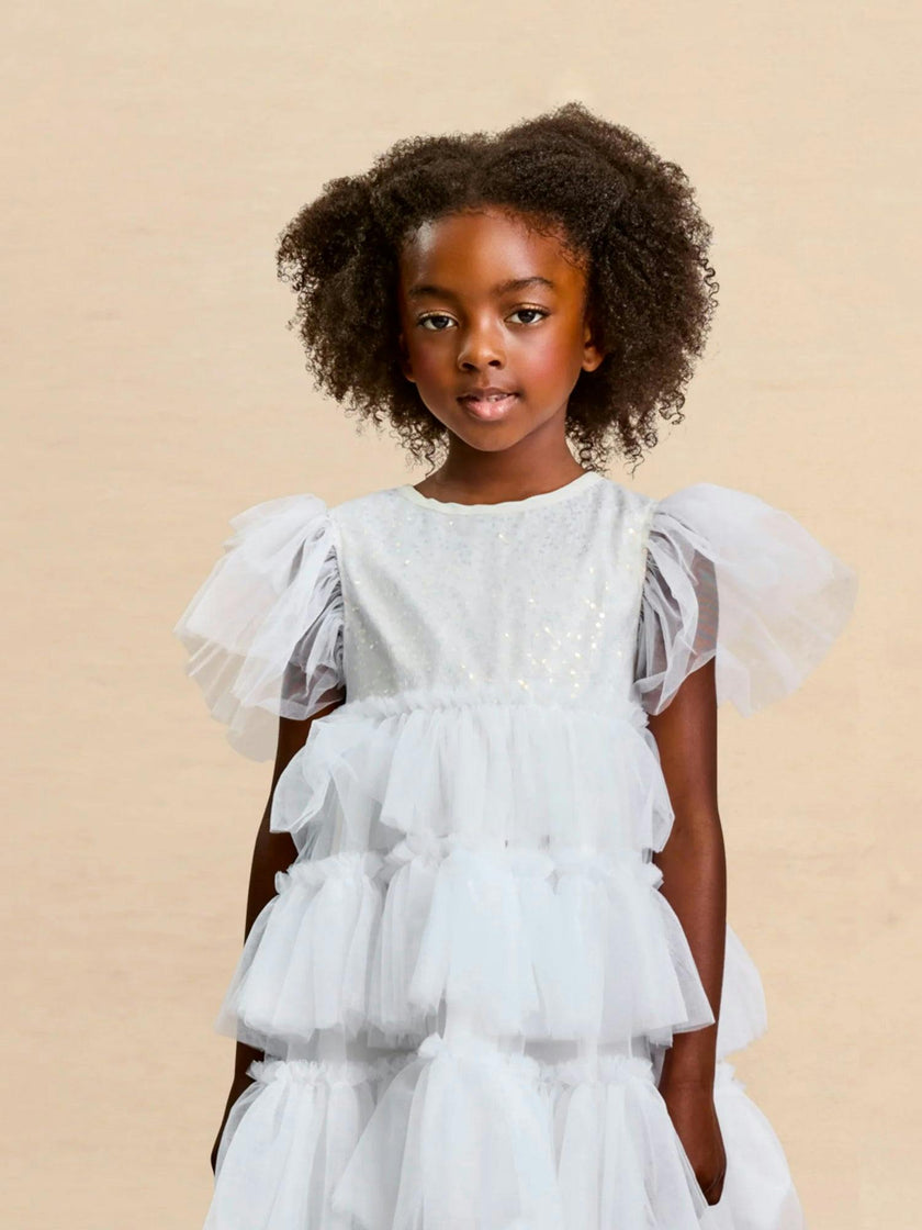 White Tulle Ruffle Dress For Girls