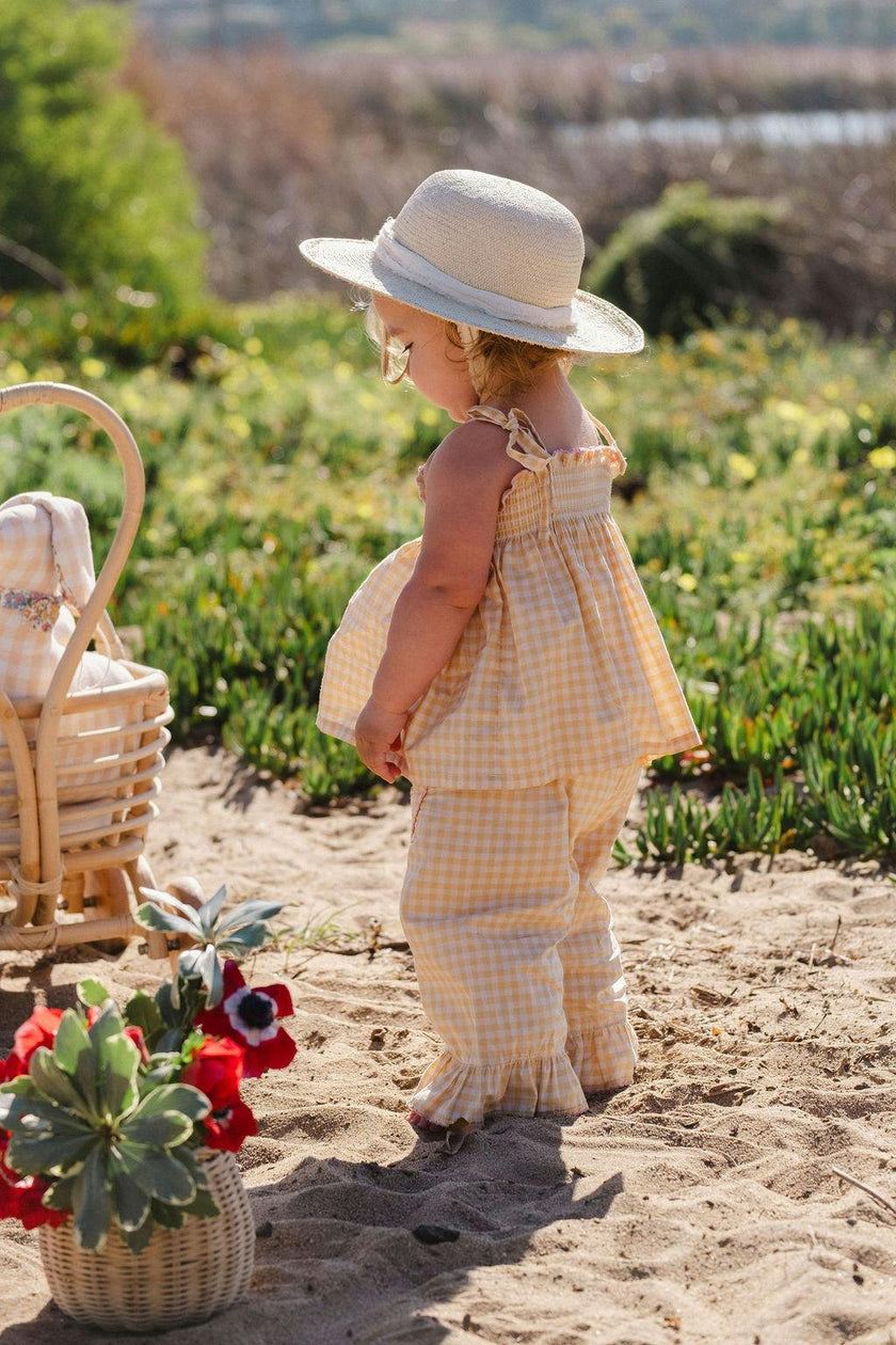 Ruffle Pant Set in Yellow Gingham/Strawberry