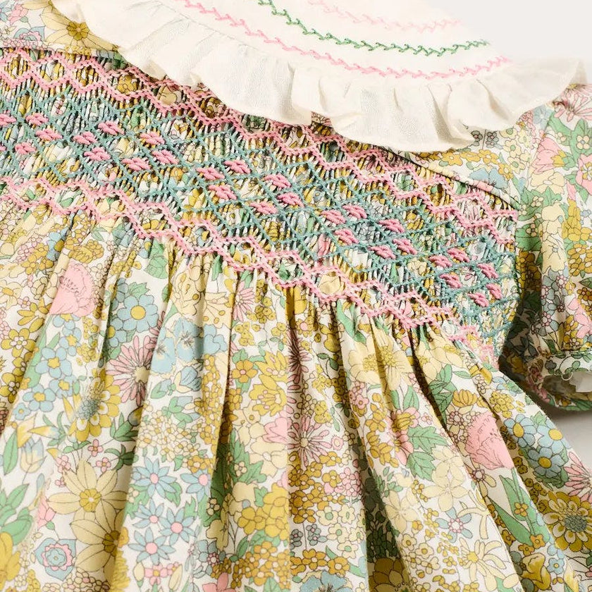 Charlotte Floral Hand Smocked Embroidered Collar Short Sleeve Dress in Green (4-8yrs)