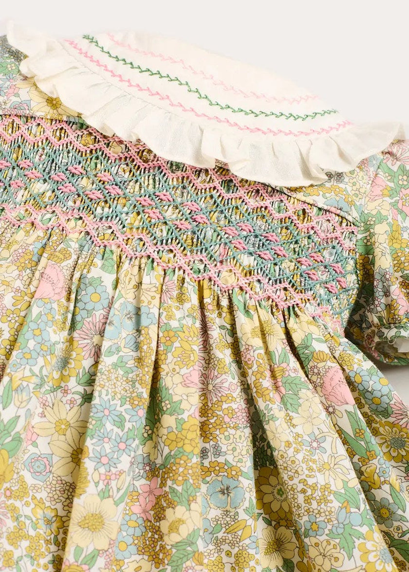 Charlotte Floral Hand Smocked Embroidered Collar Short Sleeve Dress in Green (4-8yrs)