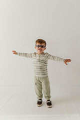 Boys Long Sleeve Henley Shirt in Sage Stripe