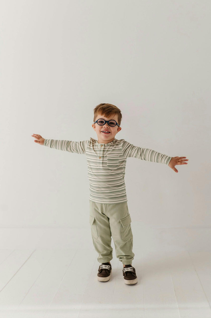 Boys Long Sleeve Henley Shirt in Sage Stripe