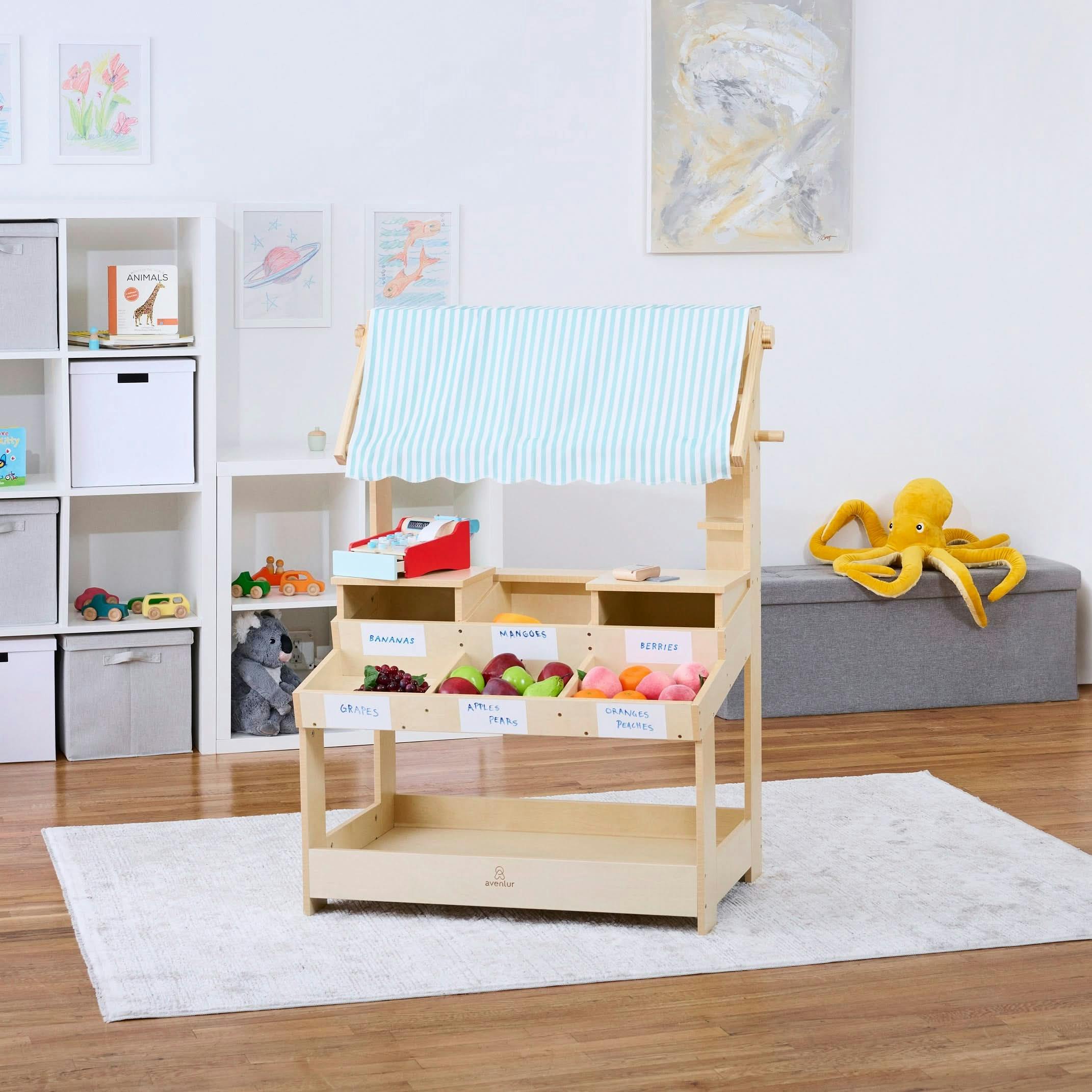 Cypress Wooden Market Stand – Pretend Play Shop for Kids with Storage
