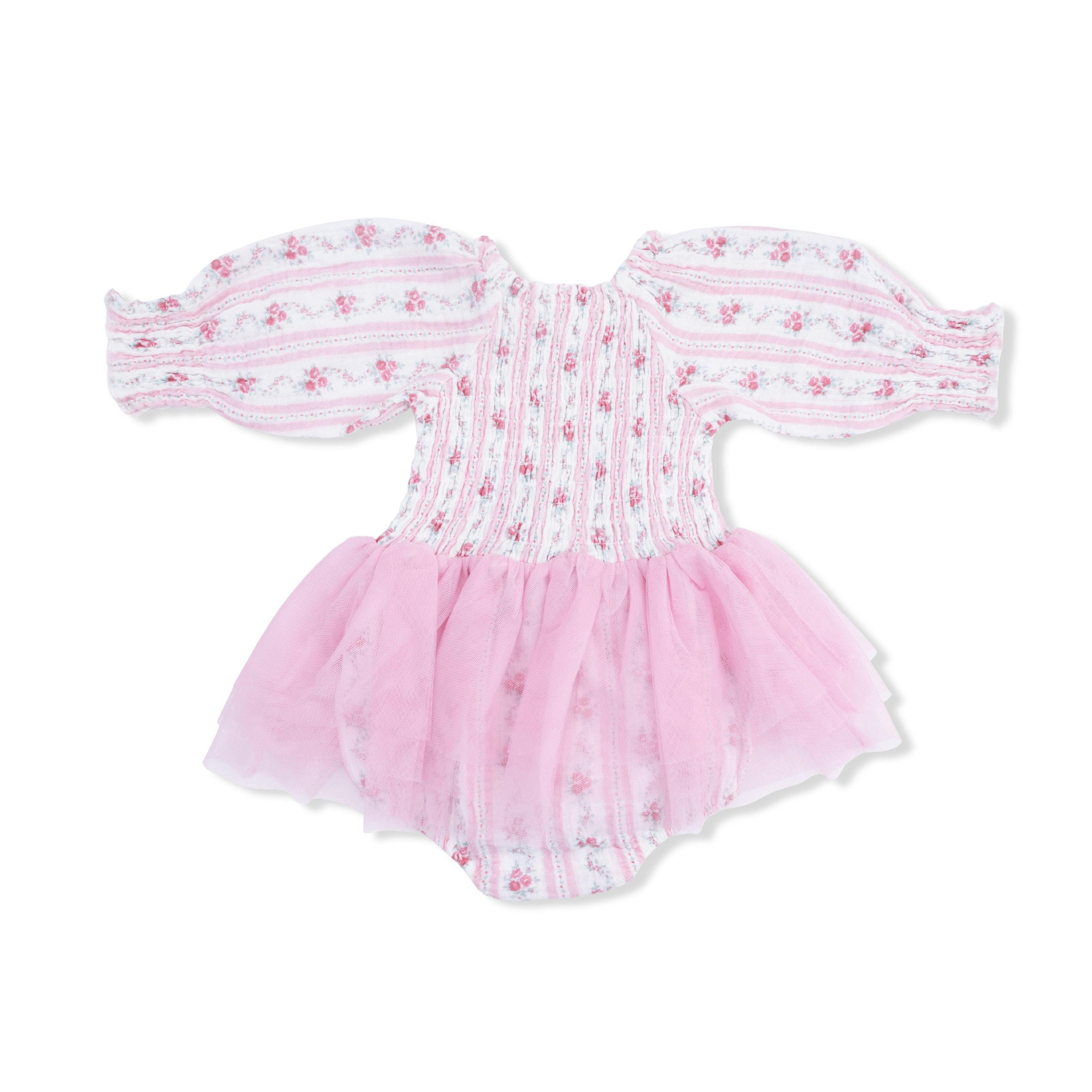 Winding Roses Stripe - Long Sleeve Smocked Bubble with Tutu