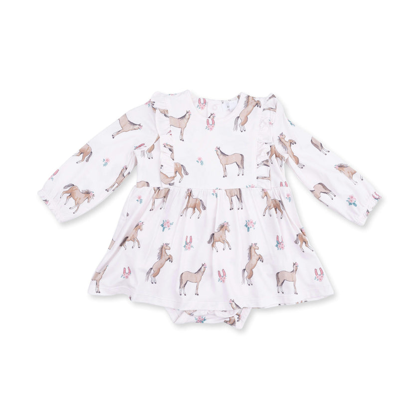 I Love Horses - Long Sleeve Ruffle Bodysuit Dress