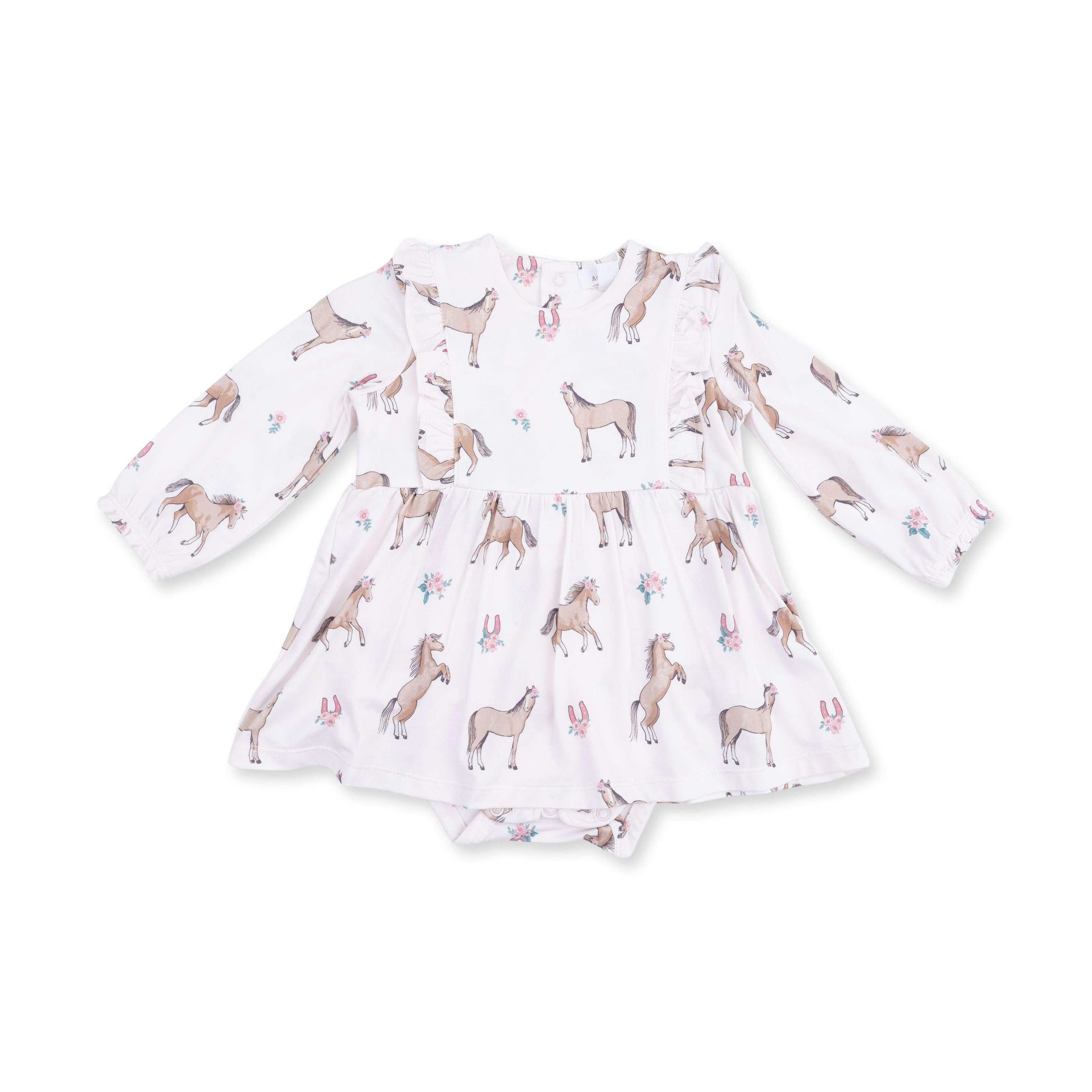 I Love Horses - Long Sleeve Ruffle Bodysuit Dress