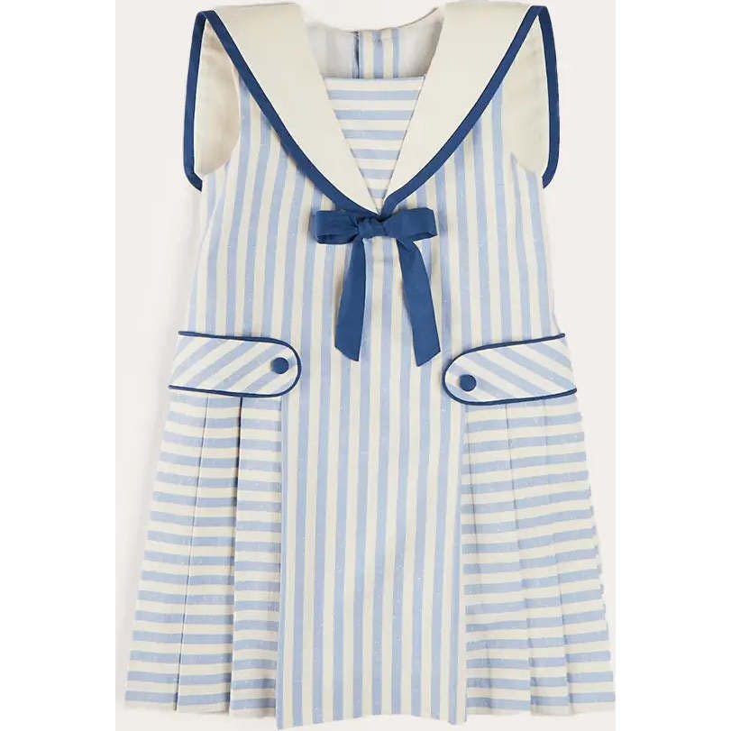 Regency Striped Mariner Collar Pleated Sleeveless Dress in Blue (12mths-10yrs)