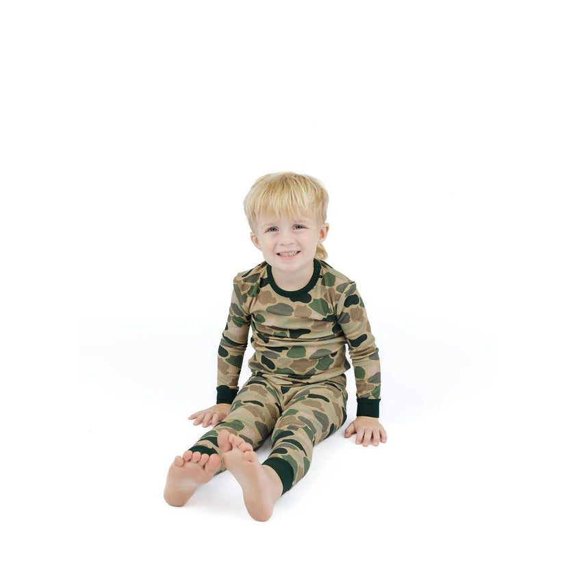 Classic Camo Two-Piece Waffle Knit Bamboo Long Sleeve Kids Pajama Pants Set