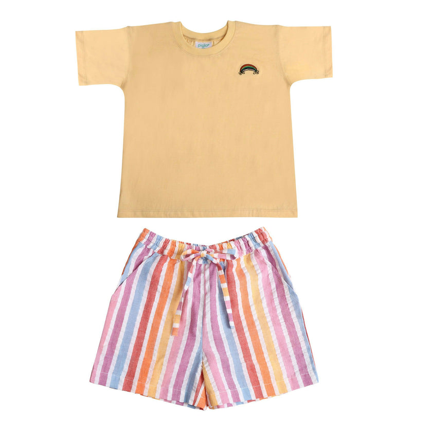 Orange T-shirt and Rainbow Bermuda Shorts Set