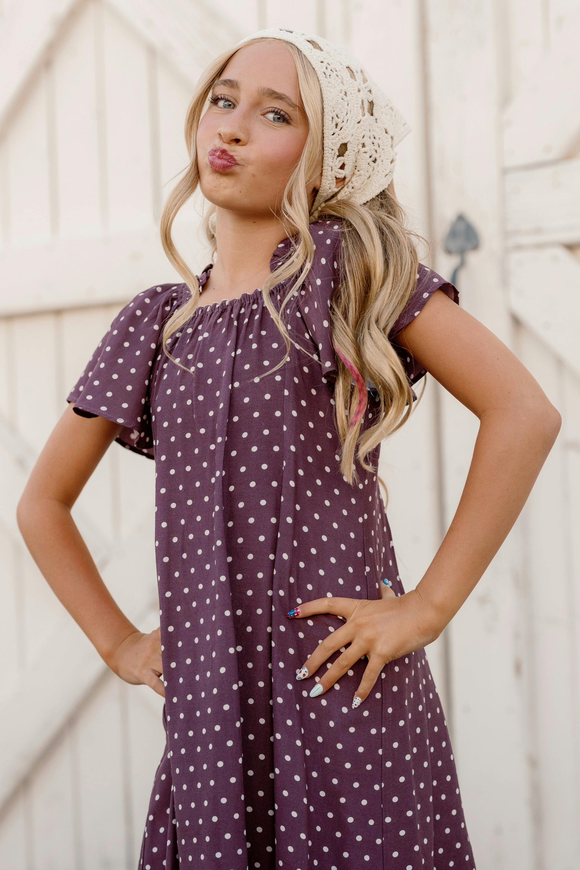 Teen Blakely Dress in Aubergine Ditsy Dot