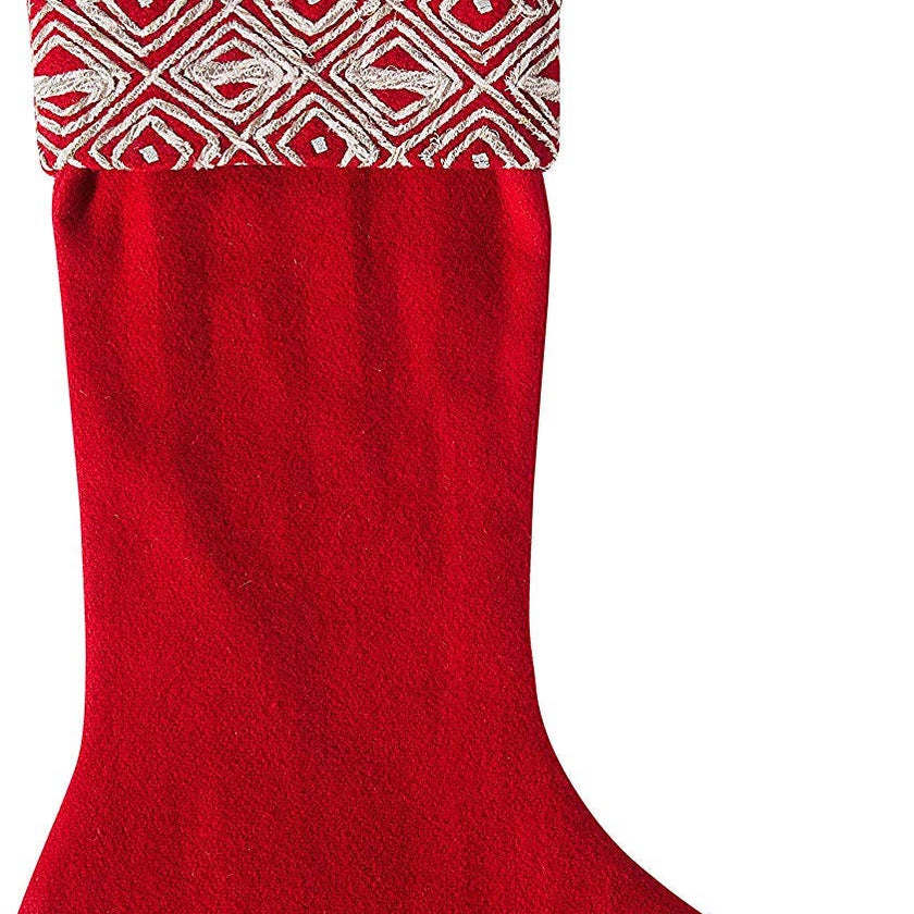 Red Christmas Stocking Geo Embroidered Cuff Wool Arcadia Home