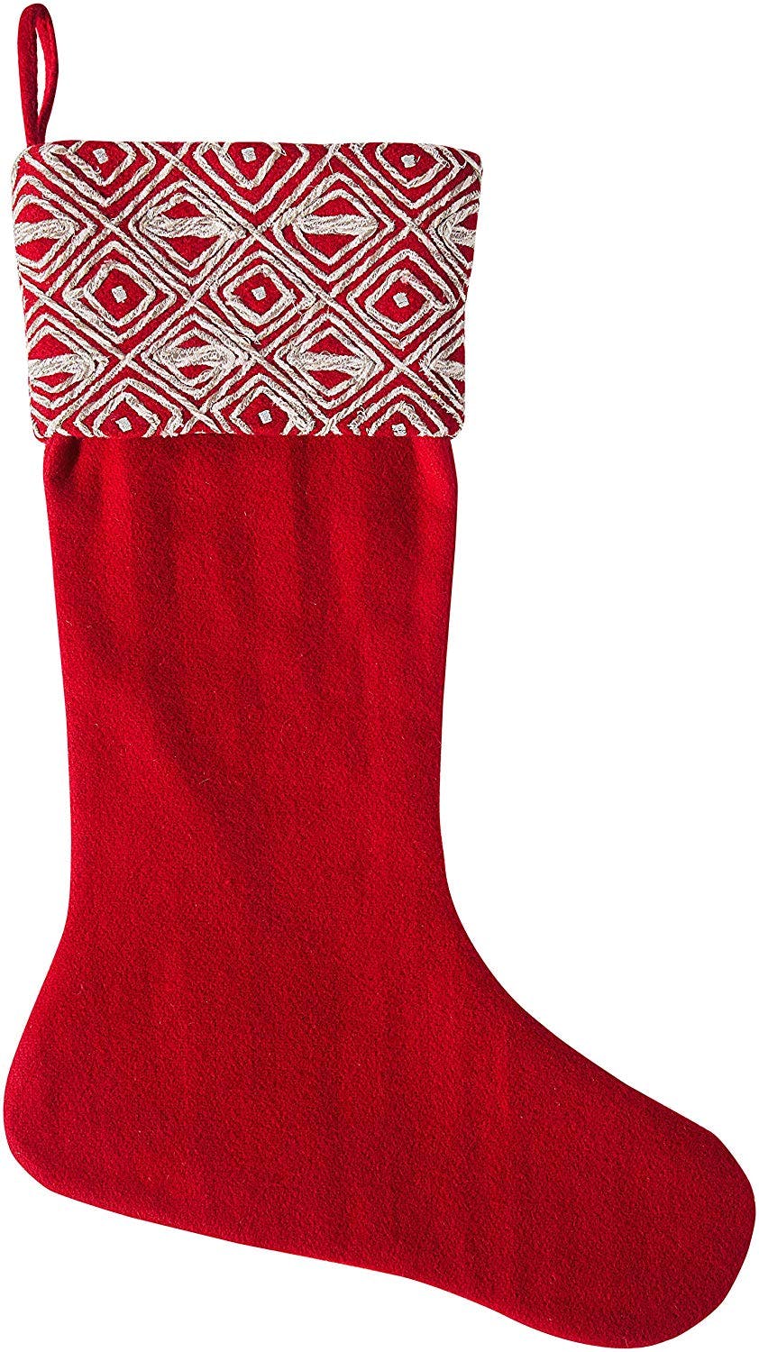 Red Christmas Stocking Geo Embroidered Cuff Wool Arcadia Home