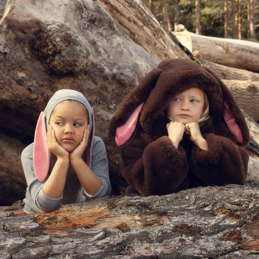 MINI RODINI Rabbit Ear Faux Fur Jacket - Brown