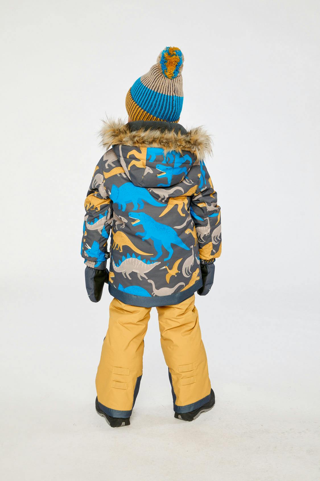 Two Piece Play Snowsuit Grey and Blue Dinosaur Print with Yellow Pants