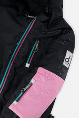 Two Piece Play Snowsuit Black, Blue And Pink Colorblock With Heart Print Pants