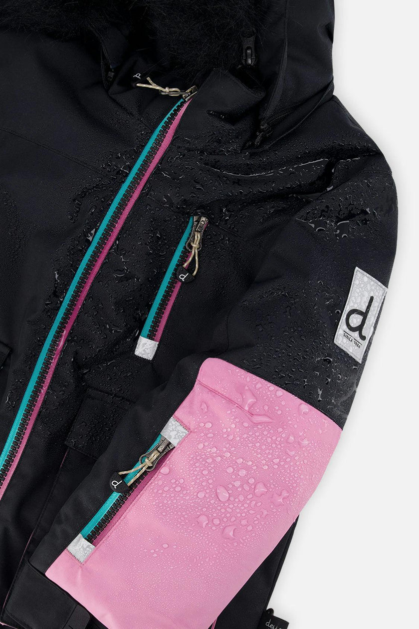 Two Piece Play Snowsuit Black, Blue And Pink Colorblock With Heart Print Pants