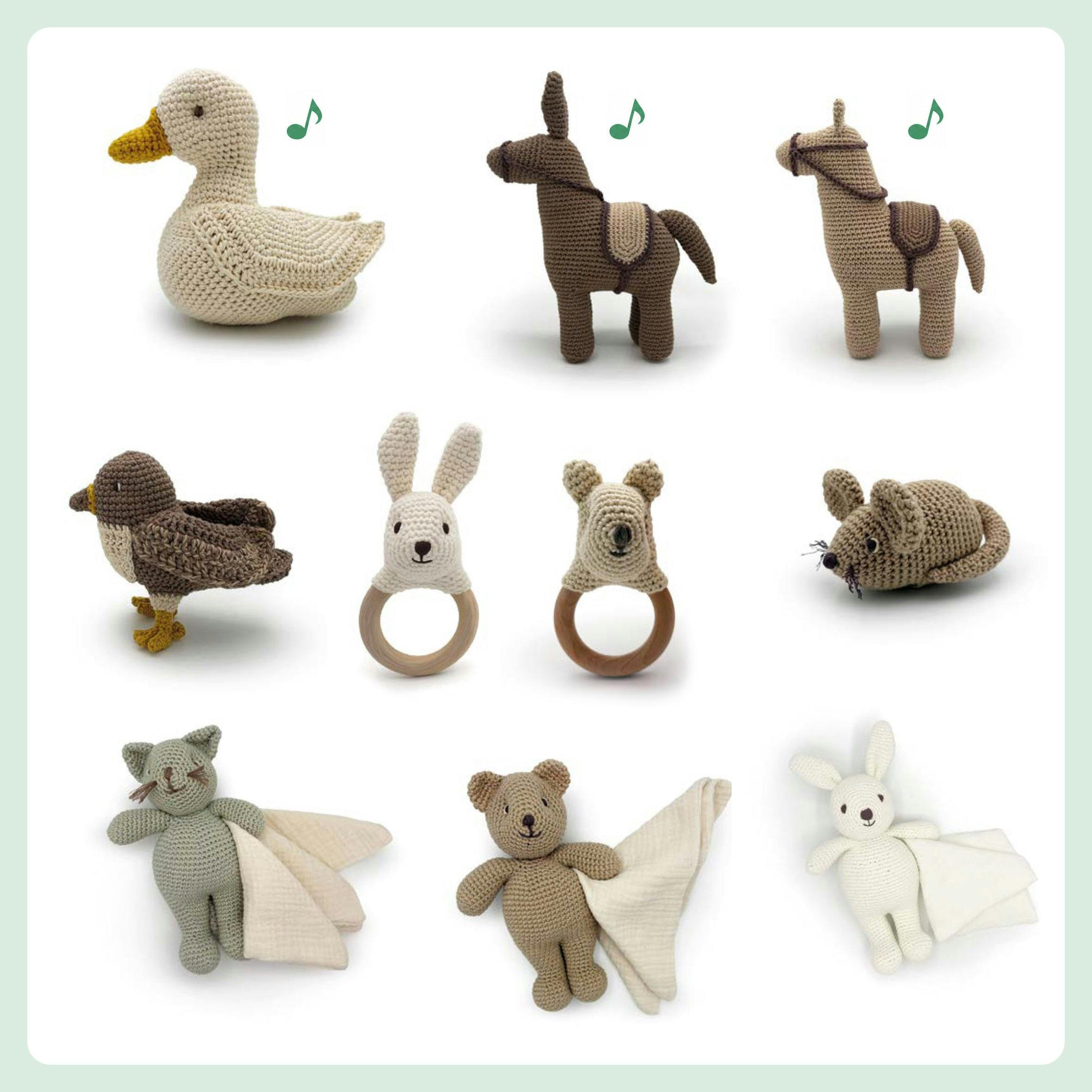 Mix Animals Set 🐻 100% organic crochet rattles, teethers, music boxes, plush