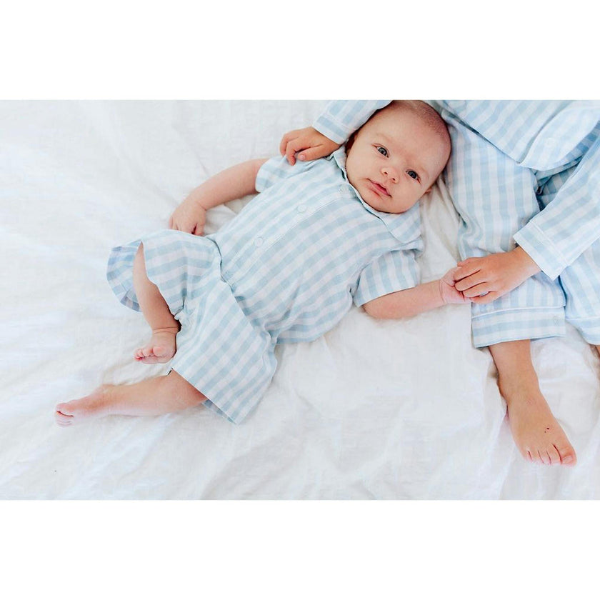 Baby's Twill Summer Romper in Light Blue Gingham