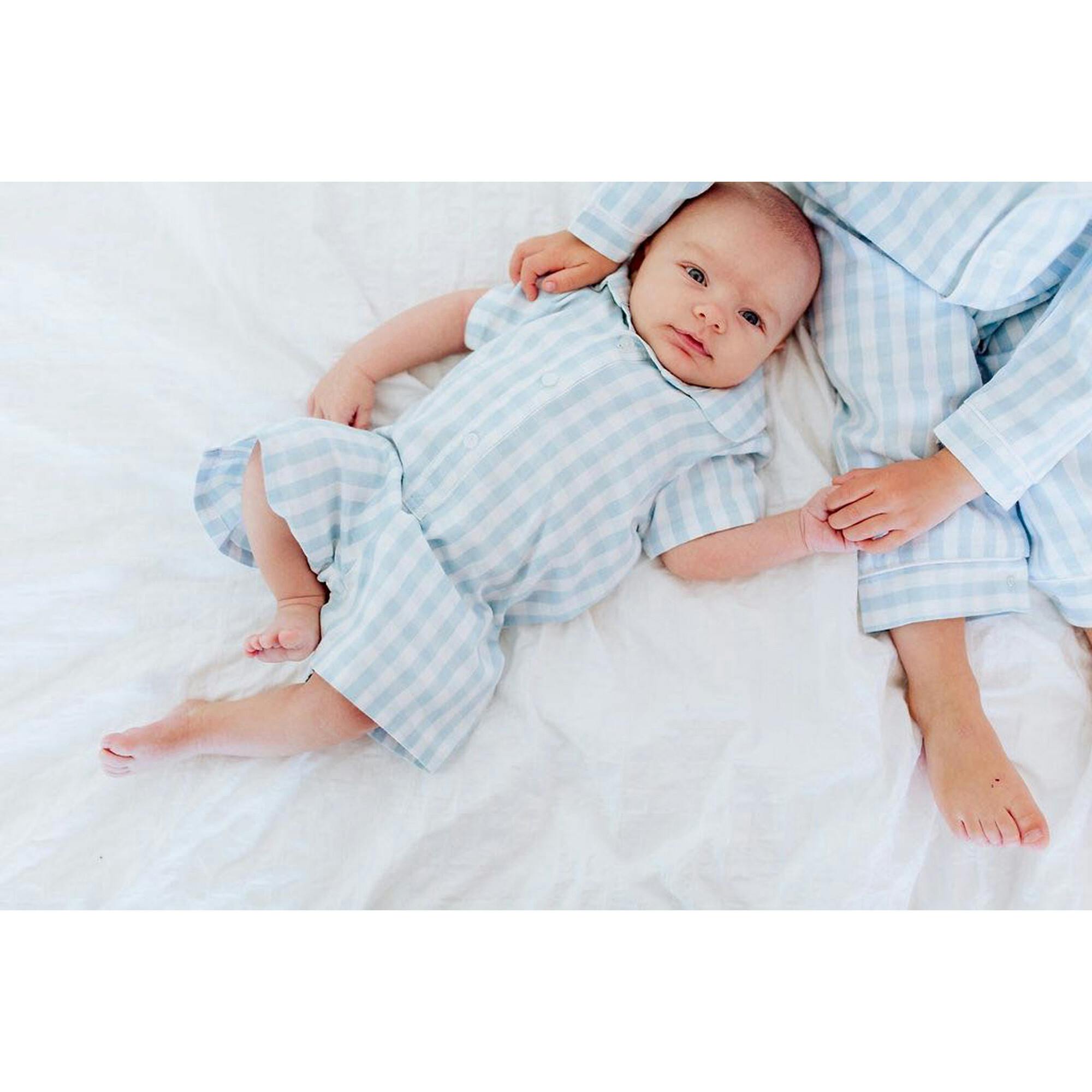 Baby's Twill Summer Romper in Light Blue Gingham