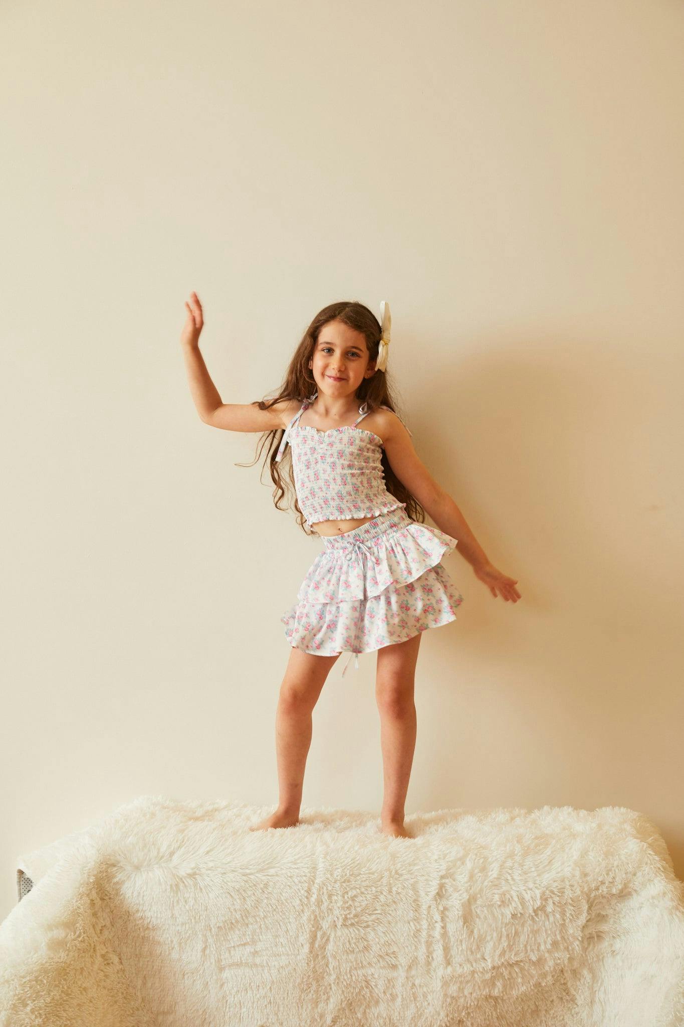 Georgia Romantic Rose White With Pink Satin Smocked Top