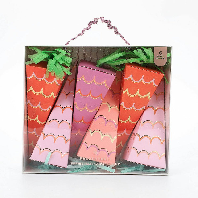 Packed Party Garden Party Carrot Easter Party Crackers Set of 6 - Gold Foil Carrot-Shaped Poppers with Multicolor Confetti and Metal Charm Surprises, 8-9 Inch