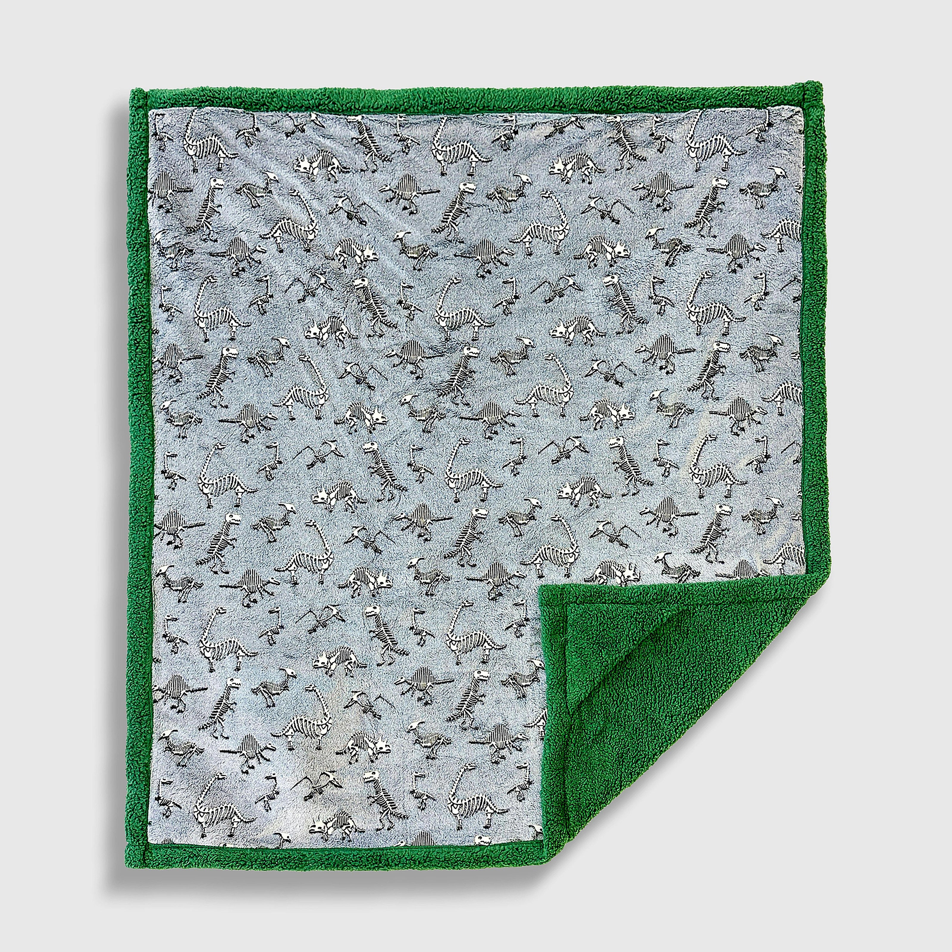 Cozy Switch Blanket – Reversible Sherpa & Glow-in-the-Dark Blanket with Plush Toy Pocket, Glow Dino Bones