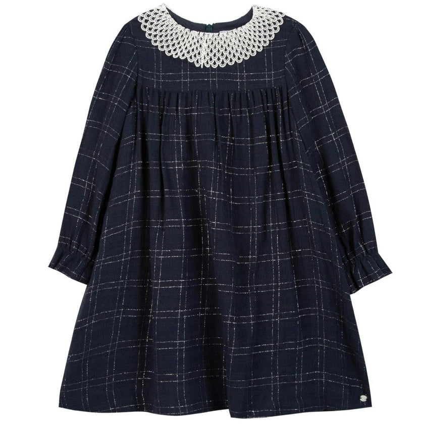 Plaid Petal Collar Long Sleeve Dress