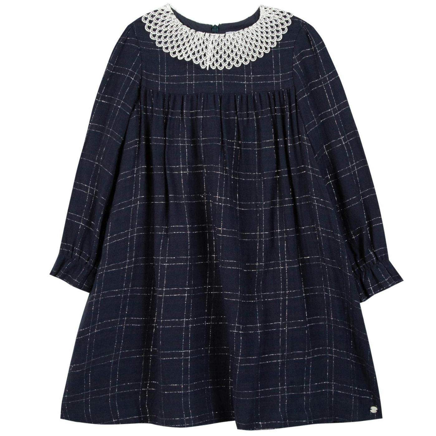 Plaid Petal Collar Long Sleeve Dress