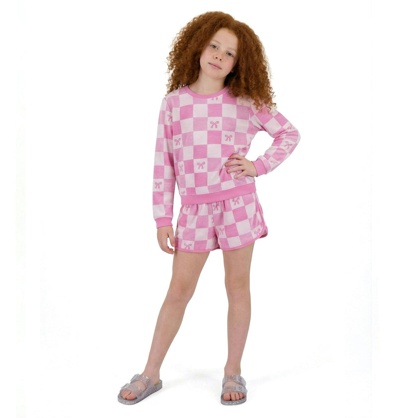 Tween Girls Terry Pull-Over & Short Set | Checkered Bow