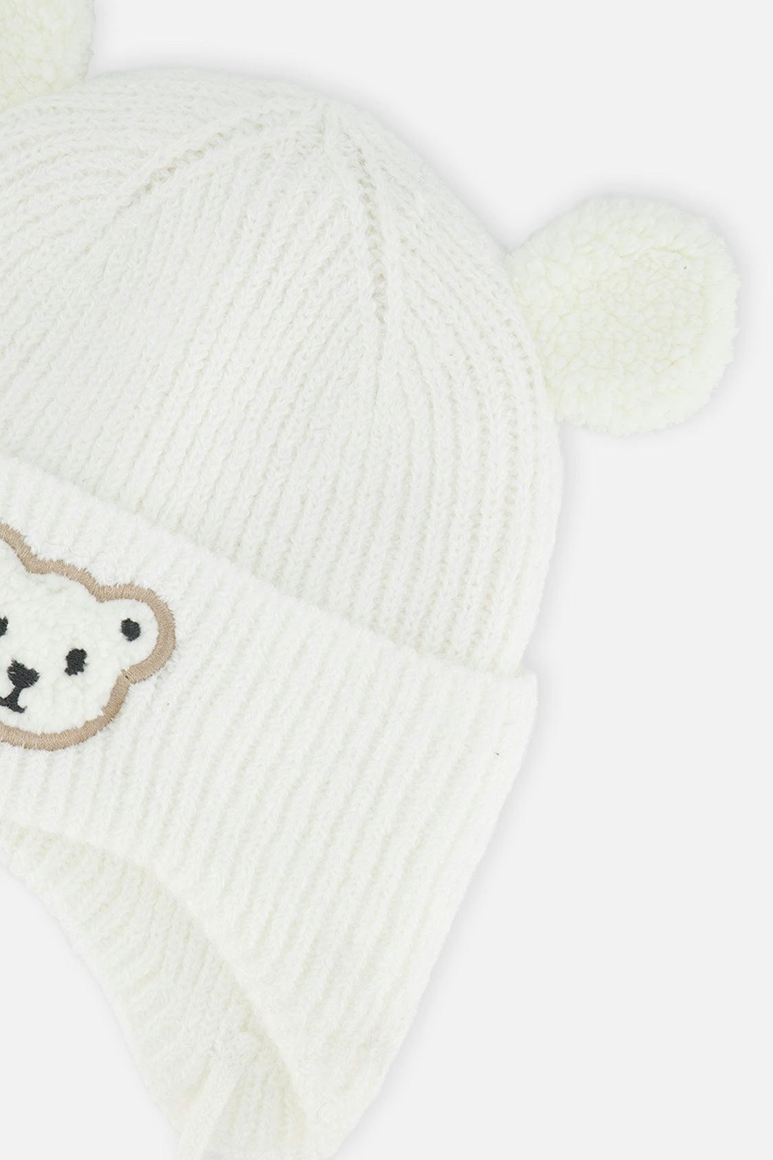 Baby Winter Knit Hat With Ear Flaps And Ears Off-White