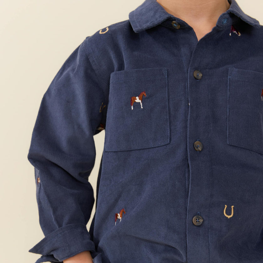 Boys Long Sleeve Jack Shirt - Navy Horse Embroidery