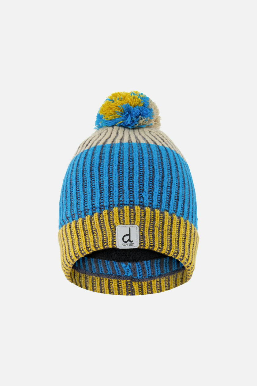 Winter Knit Hat with Pompom Blue and Yellow