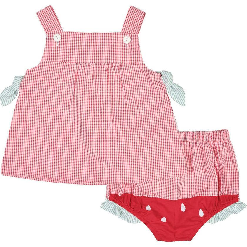 Check Seersucker Dress & Bloomer With Watermelon