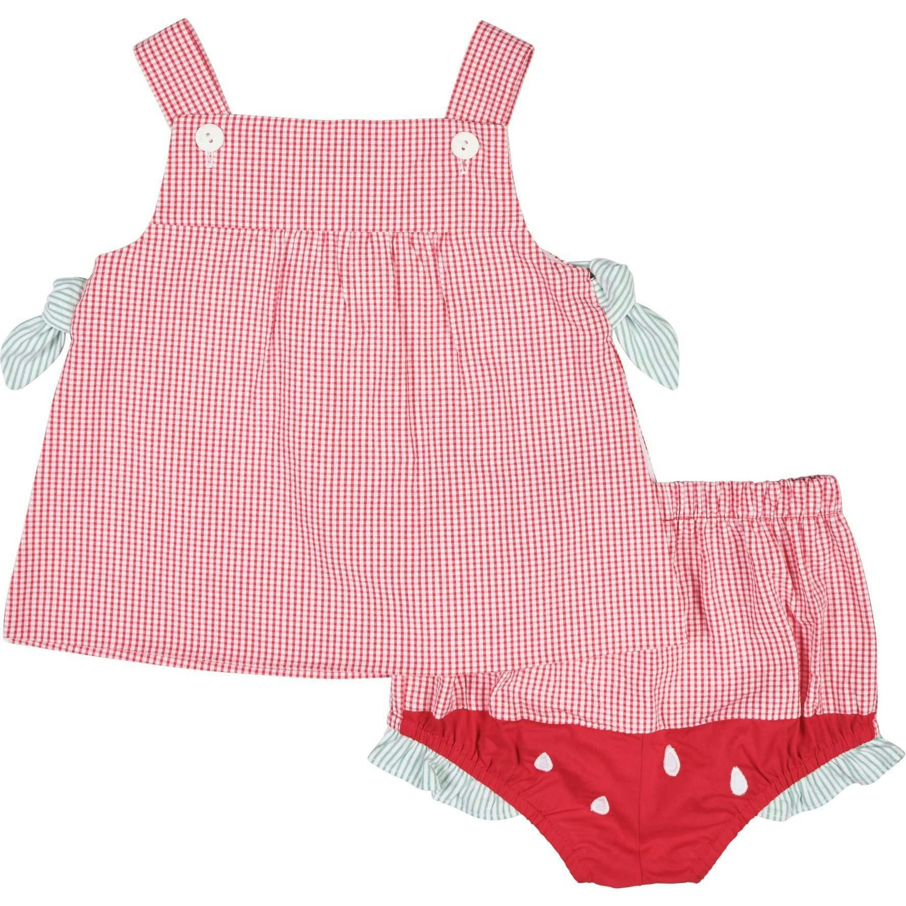 Check Seersucker Dress & Bloomer With Watermelon