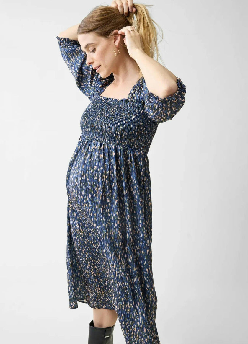 Smocked Sateen Maternity and Nursing Midi Dress