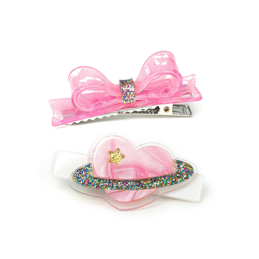 Heart Planet with Bow Pearlized Pink Hair Clips -VAL
