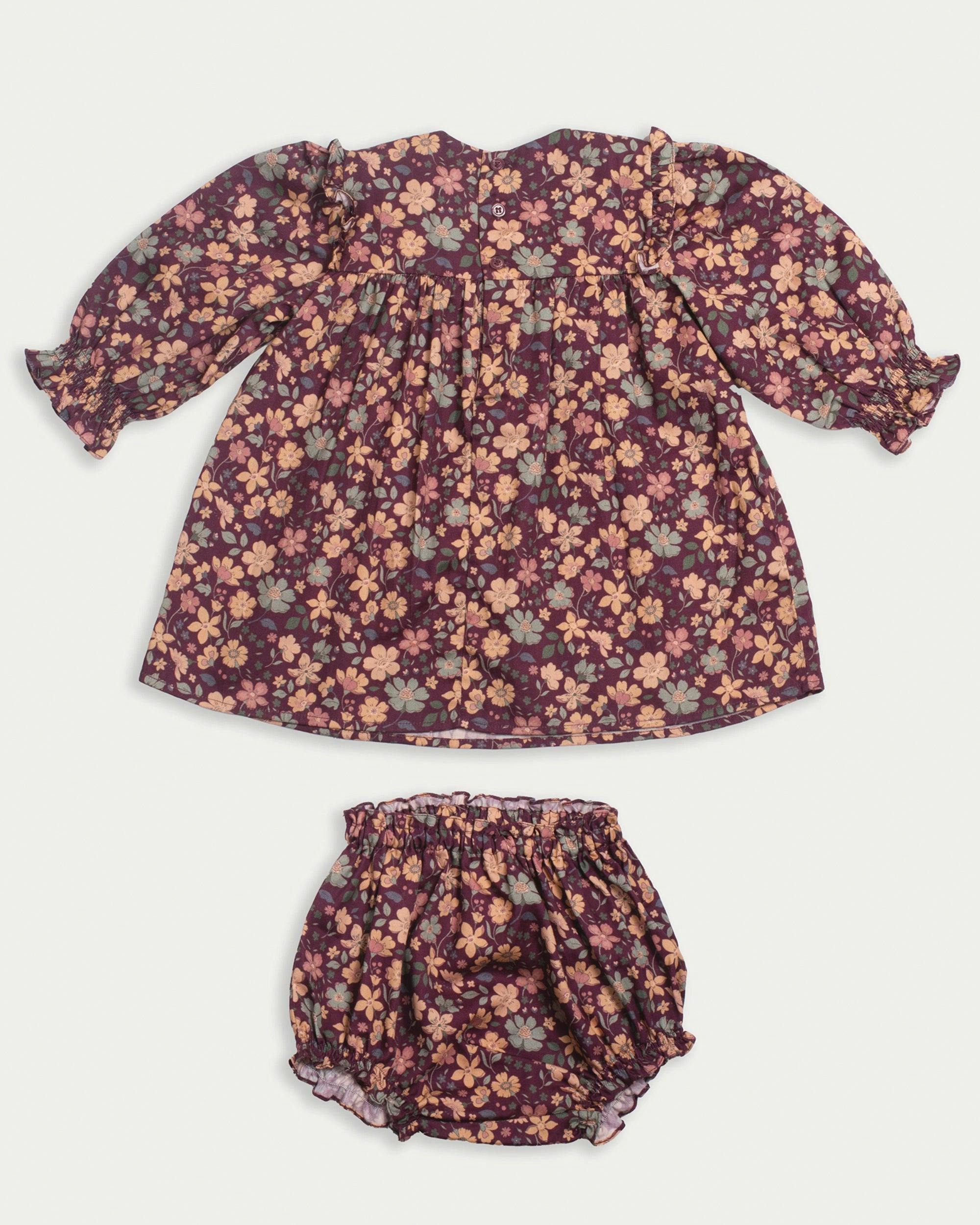 Lottie Baby Dress & Bloomer Set - Garden Flowers Plum
