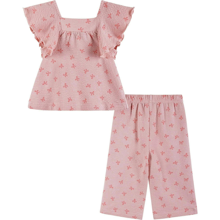 Infant Girls Knit Seersucker Top & Pant Set | Pink Bow Print
