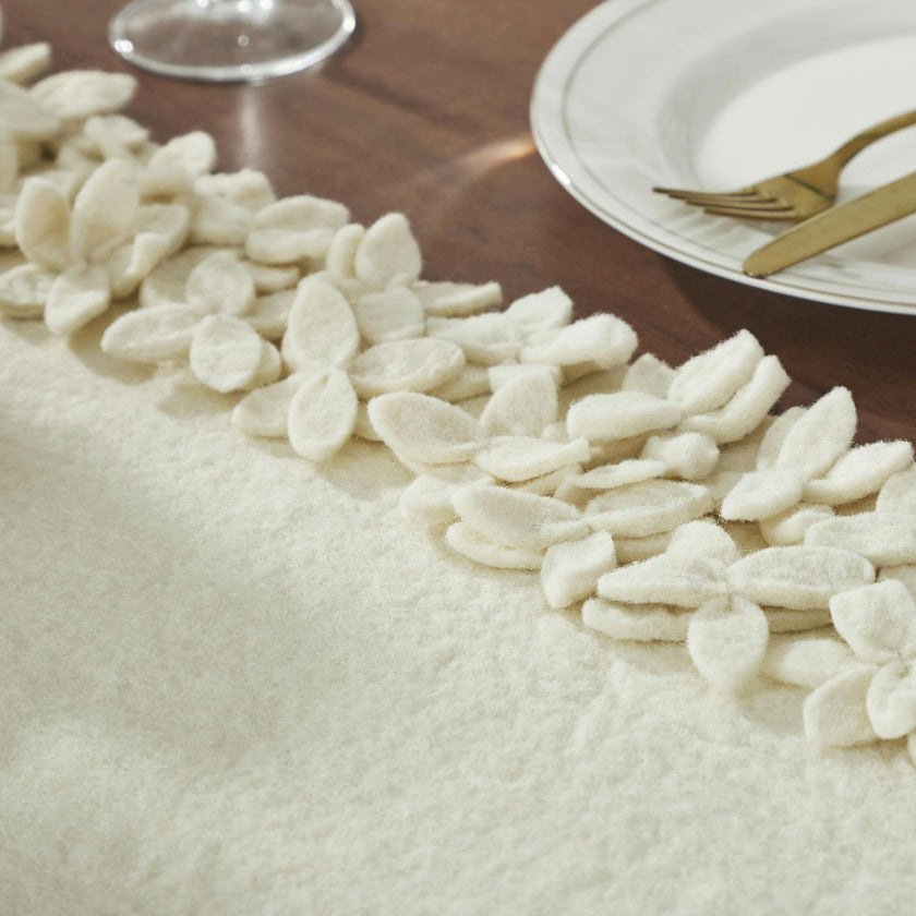Hand Felted Wool Floral Border Table Runner Cream, 16" x 90"