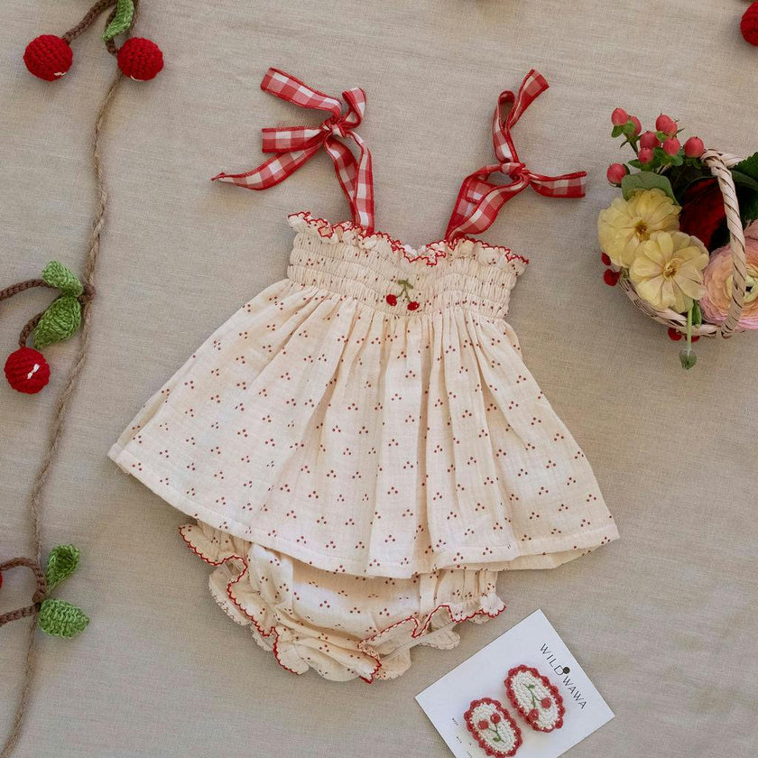 Embroidered Smock Set in Red Dot/Cherry