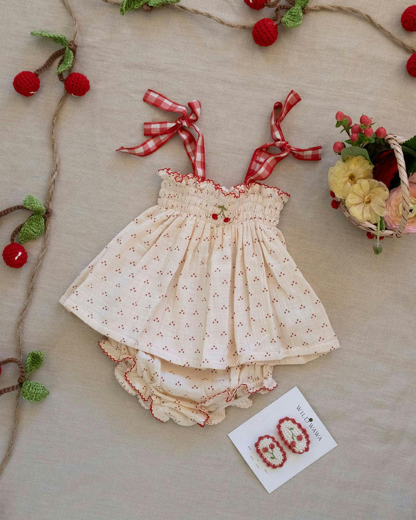 Embroidered Smock Set in Red Dot/Cherry
