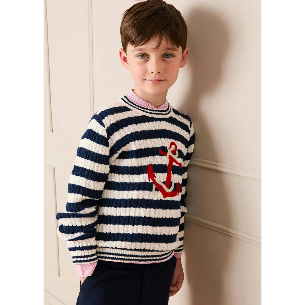 Anchor Motif Cable Knit Sailor Stripe Jumper in Navy (12mths- 10yrs)
